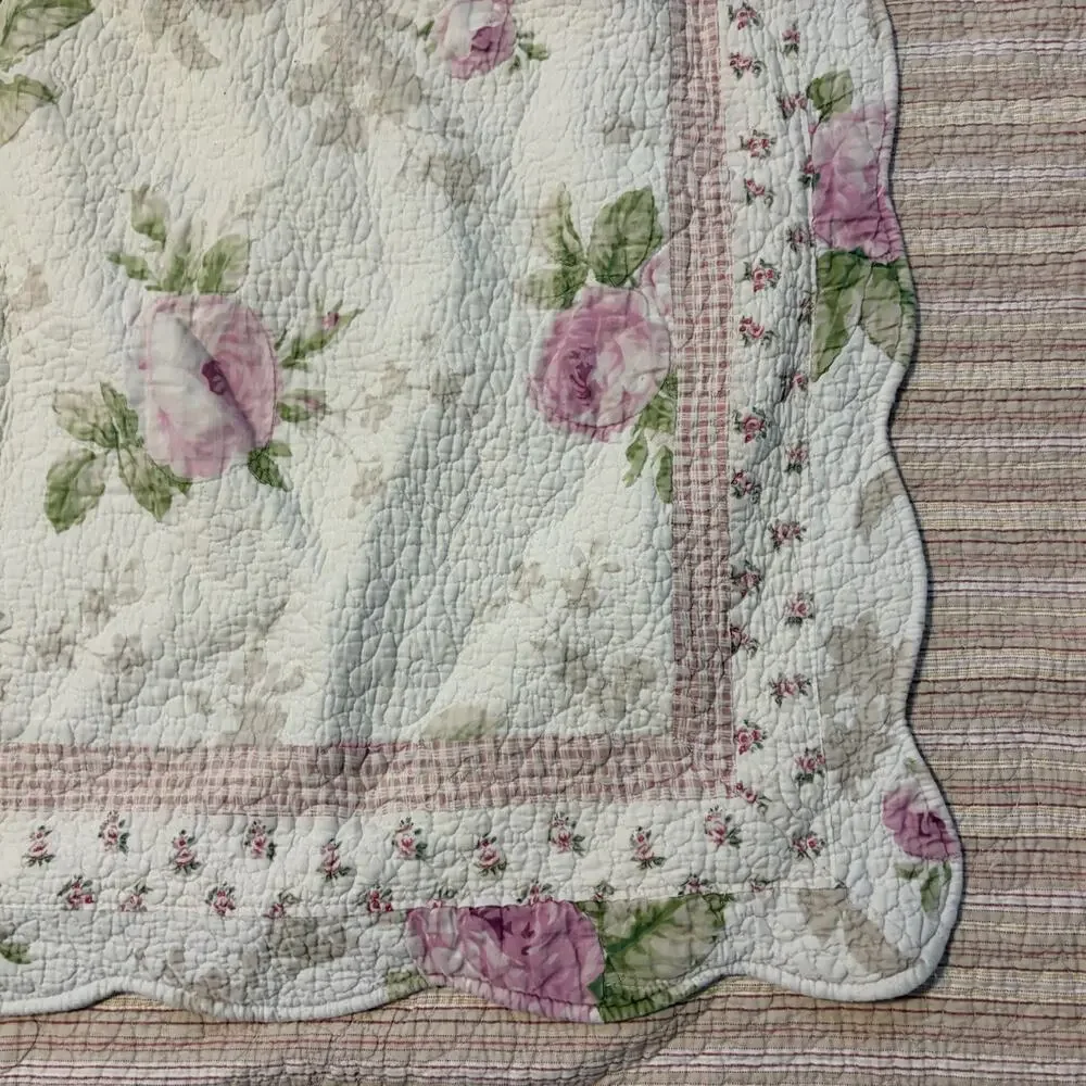 Laura Ashley Twin Floral White Pink Cottage Reversible Quilted Blanket Sham Set